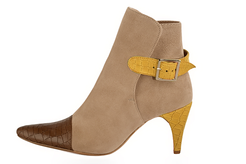 Caramel brown, tan beige and mustard yellow women's ankle boots with buckles at the back. Tapered toe. High slim heel. Profile view - Florence KOOIJMAN